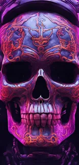 Vibrant skull art with neon details and headphones.