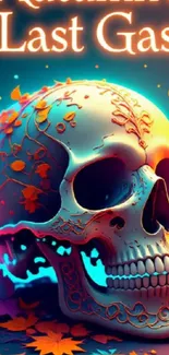 Artistic skull with colorful leaves and vibrant colors.