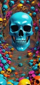 Vibrant skull art with colorful tunnel of skulls.