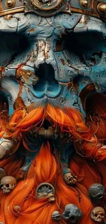 Vibrant skull art with bold orange details.