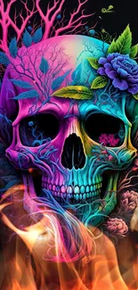 Vibrant neon skull with floral design in striking colors on a black background.