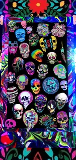 Vibrant skull-themed wallpaper with colorful and intricate designs.