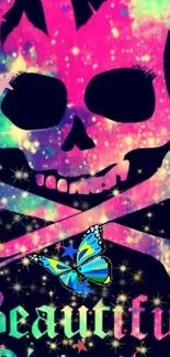 Vibrant skull with neon colors and a blue butterfly design.