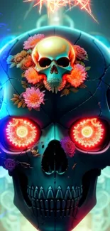 Vibrant skull art wallpaper with floral elements and glowing designs.