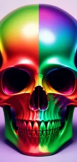 Colorful dual-tone skull art wallpaper with a purple gradient background.