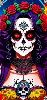 Colorful skull art wallpaper with vibrant purple and fiery details.