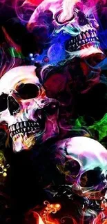 Vibrant colorful skulls with smoke effects on a dark background wallpaper.