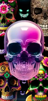 Colorful skulls with intricate designs and floral elements on a black background.