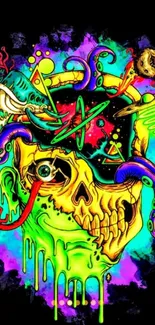 Colorful psychedelic skull with neon art design.