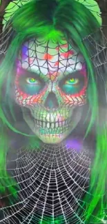 Vibrant skull art with neon green highlights and a spider web background.