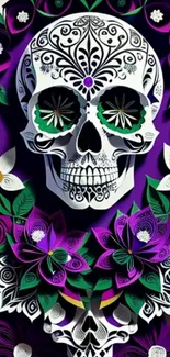 Colorful skull design with vibrant flowers on a mobile wallpaper.