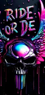 Colorful skull with wings and 'Ride or Die' text on dark background.