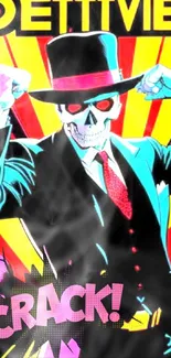 Retro comic-style skull detective wallpaper with vibrant colors.