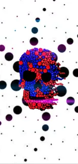 Vibrant skull made of colorful dots on a dotted background.