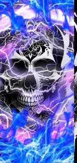 Vibrant skull energy wallpaper with electric blue, purple, and white hues.