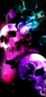 Neon skulls with vibrant colors and dark background mobile wallpaper.