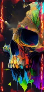 Colorful skull with fiery flame design on a mobile wallpaper.