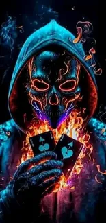 Hooded skull with fiery neon flames, striking digital art.