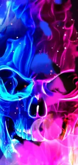 Vibrant blue and purple skull with flames mobile wallpaper.