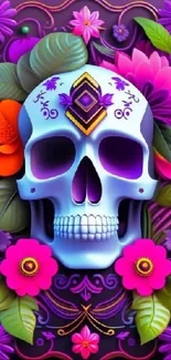 Vibrant floral skull with colorful flowers.