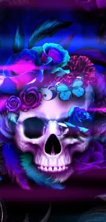 Vibrant skull with colorful flowers and feathers on dark blue background.