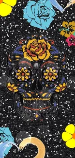 Colorful floral skull wallpaper on a black speckled background.