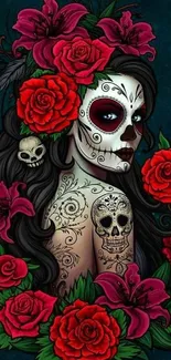 Colorful skull and floral design mobile wallpaper with roses and ornate details.