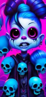 Gothic cartoon girl with neon blue skulls in vibrant wallpaper.