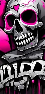 Neon pink and black skull graffiti wallpaper with urban art style.