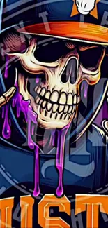 Colorful skull graffiti art on mobile wallpaper.