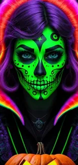 Vibrant neon skull with Halloween pumpkin art.