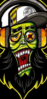 Illustration of a vibrant zombie with headphones on a black background.