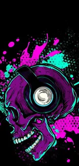 Vibrant skull with headphones in neon colors on a black background.