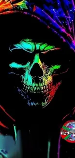 Vibrant neon skull graffiti art on a black hoodie background.