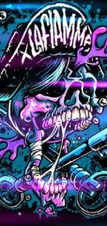 Vibrant skull illustration on black background with colorful accents.