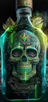 Illustrated vibrant skull inside decorative bottle.