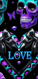 Colorful skull love theme with butterflies.