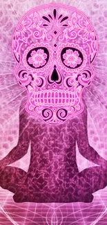 Pink skull meditation art in vibrant hues.