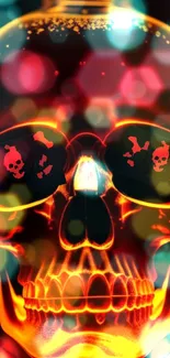 Skull with glowing orange and bokeh effect on mobile wallpaper.