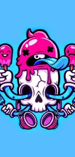 Colorful skull wallpaper with bright popsicles on sky blue background.