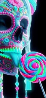 Neon skull with a colorful lollipop, vibrant patterns.