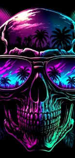 Neon skull with palm tree reflections in vibrant colors.