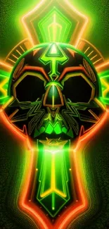 Neon skull with geometric patterns on mobile wallpaper.