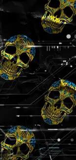 Vibrant skulls on a black mobile wallpaper with yellow and blue highlights.