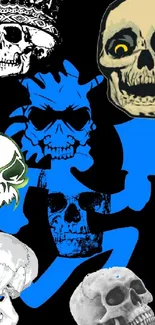 Vibrant skull design in black and blue for dynamic phone wallpaper.