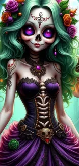 Vibrant skull princess with colorful hair and gothic design