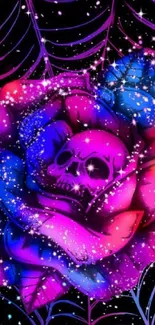 Colorful skull rose on spider web background.