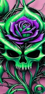 Green skull with purple rose on a pink background.