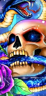 Vibrant skull and snake art with purple roses on dark background.