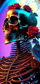 Skull art with roses in a vibrant, colorful design for mobile wallpaper.